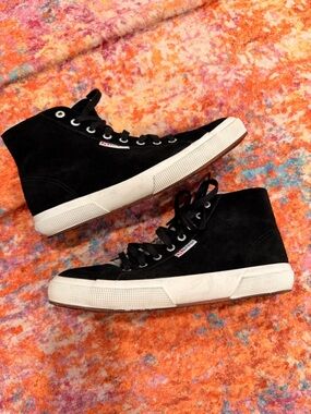 Superga High Top Sneakers Black Suede Shearling Lined Women’s EU 39.5 US 8.5